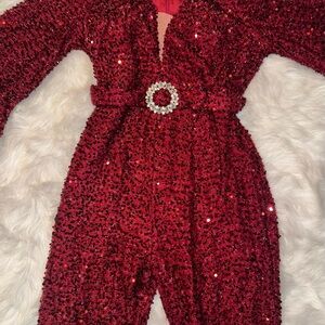 Red Sequin Jumpsuit with Rhinestone Belt